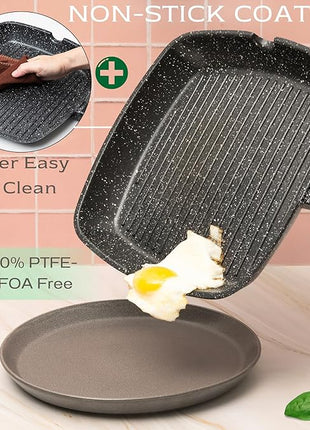 Moss & Stone Square Grill Pan for Indoor Cooking, 11-Inch Nonstick Griddle Skillet with Removable Handle, RV Die-Cast Aluminum Stove Top Grill Pan for Meats & Vegetables, Detachable Handle