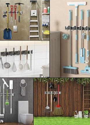 Holikme Mop Broom Holder Wall Mount Metal Pantry Organization and Storage Garden Kitchen Tool Organizer Wall Hanger for Home Goods (4 Positions with 4 Hooks, Black)