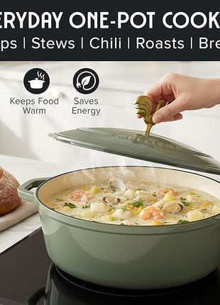 MUELLER HOME 5.5 Quart Enameled Cast Iron Oval Dutch Oven w Rooster Knob & Cotton Potholders, Heavy-Duty Cookware, Oven-Safe up to 500° F & Across All Cooktops, Gifts for Grandma & Women, Thyme Green