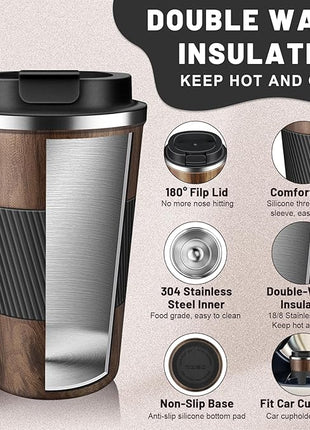 Insulated Coffee Tumblers with Flip Lid 12oz / 17oz, Stainless Steel Travel Coffee Mug Leak Proof, Vacuum Insulated Coffee Mug Reusable Cup, Keeps Cold and Hot for Coffee Tea