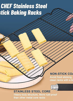 P&P CHEF Cooling Baking Rack Pack of 2, Stainless Steel Cooling Racks for Cooking Baking Roasting Grilling Drying, Dense Wires & Smooth Edge, Easy to clean, Black, 16.6" x 11.5"