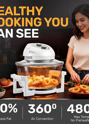Big Boss 16Qt Extra Large Glass Air Fryer Non Toxic – Family Sized 4 in 1 Cooker with 3 Cooking Sections, Stainless Steel Racks for French Fries, Chicken, No Preheat, Self Cleaning, Dishwasher Safe