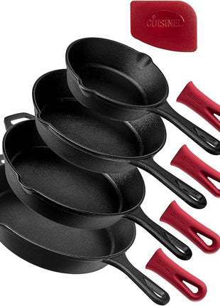 Cuisinel Cast Iron Skillets Set - 4-Piece Chef Pans Kit - 6" + 8" + 10" + 12"-Inch + 4 Silicone Grip Handle Holders - Pre-Seasoned Oven Cookware - Use Indoor/Outdoor, Grill, Stovetop, BBQ, Firepit