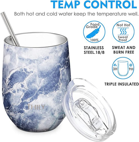 THILY Vacuum Insulated Stemless Wine Tumbler Stainless Steel Travel Wine Glass with Lid and Straw, Reusable, Portable, BPA Free, Keep Beer Cold, Blue Marble