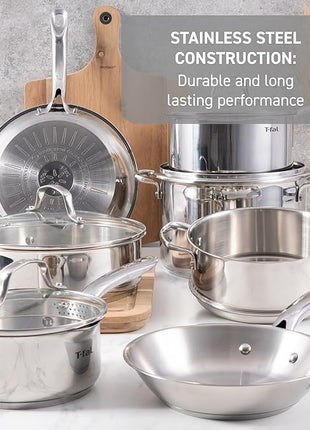 T-fal Stainless Steel Cookware Set, 11 Piece, Induction Cookware, Oven Safe to 500°F, Kitchen Cooking Set w/Fry Pans, Pots and Pans, Dutch Oven, Saucepans, Kitchen Essentials, Silver
