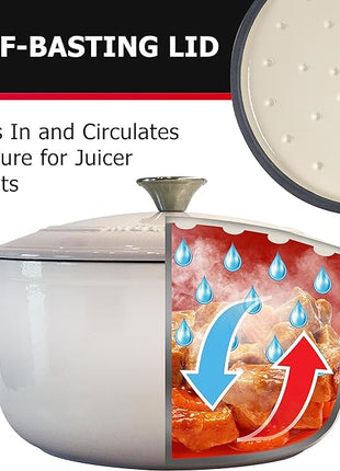 Mueller 6qt Enameled Cast Iron Dutch Oven, Heavy-Duty Casserole and Braiser Pan with Lid and Knob, Oven-Safe up to 500° F & Across All Cooktops, White