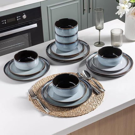 LeRatio Ceramic Dinnerware Sets for 6,Porcelain Plates and Bowls Sets,Handmade Reactive Glaze Dishes Set,Chip Resistant and Scratch Resistant | Oven&Dishwasher & Microwave Safe-Gray White(18PCS)