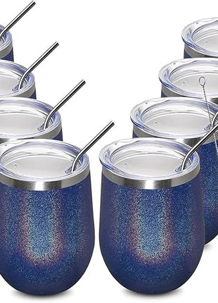 MEWAY 12oz/8 Pack Wine Tumbler Glasses with Lid - Stemless Double Wall Vacuum Stainless Steel Glitter Tumbler - Keeping Cold & Hot Cup for Coffee,for Women(Rainbow Navy,Set of 8)