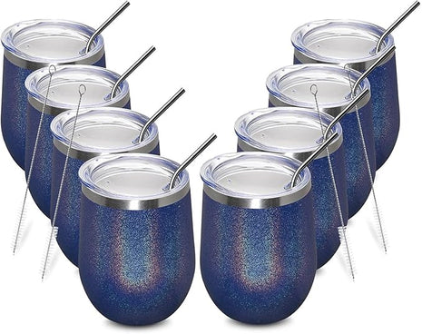 MEWAY 12oz/8 Pack Wine Tumbler Glasses with Lid - Stemless Double Wall Vacuum Stainless Steel Glitter Tumbler - Keeping Cold & Hot Cup for Coffee,for Women(Rainbow Navy,Set of 8)