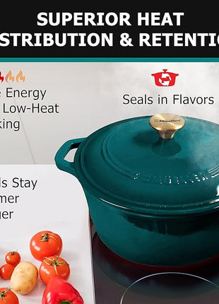 Mueller DuraCast 6 Quart Enameled Cast Iron Dutch Oven Pot with Lid, Heavy-Duty, Oven Safe up to 500° F & Across All Cooktops, Wedding Registry Ideas & Gifts, Emerald