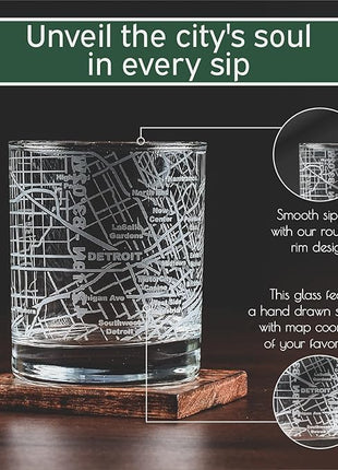 Greenline Goods Whiskey Glasses - 10 Oz Tumbler Set for Detroit, Michigan lovers, Etched with Detroit Map Old Fashioned Rocks Glass - Set of 2