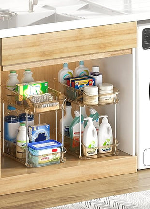 Delamu 2-Tier Under Sink Organizers and Storage, Multi-Purpose Stackable Bathroom Cabinet Organizers, Pull Out Kitchen Pantry Organization and Storage with Dividers Amber, 4 Pack