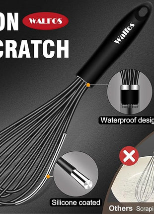 Walfos Silicone Whisk,7+9in Mini Whisk,BPA Free,Small Whisks for Non-Scratch,Heat Resistant (450°F) Nice for stirring individual eggs and mixing small amounts of powder and sauce.Dishwasher Safe.Black