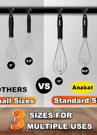 3 Packs Stainless Steel Whisk Set - Balloon Whisk, Anaeat Thick Stainless Steel Wire ＆ Strong Handles, Egg Beater for Cooking, Blending, Whisking, Beating and Stirring (8.5"+10.5"+12")