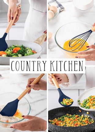 Country Kitchen Non Stick Silicone Utensil Set with Rounded Wood Handles for Cooking and Baking, 14 Piece Set, Navy