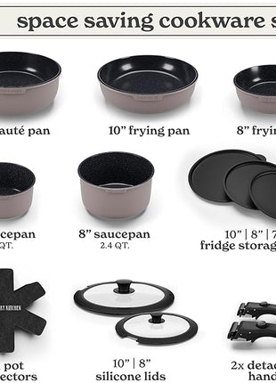 Country Kitchen Cookware Set with Removable Handle, Oven & RV Safe Pots and Pans Set, Grey/Black, Original