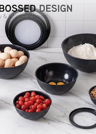 COOK WITH COLOR Mixing Bowls with Lids - 12 Piece Plastic Nesting Bowls Set includes 6 Prep Bowls and 6 Lids, Rhombus Design - Microwave Safe (Black)