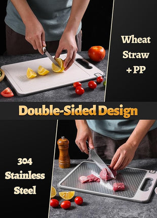 Stainless Steel Cutting Board for Kitchen, Non Toxic Large Chopping Board Double Sided Non-slip Scratch-resistant Mesh Design with Juice Groove Food-Grade Wheat Straw PP 15×10 In Easy to Clean