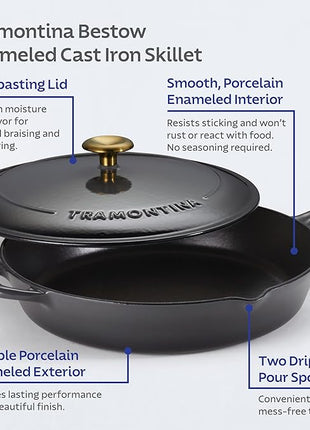 Tramontina Bestow Enameled Cast Iron Skillet with Lid, 12-inch Frying Pan, Smoke with Gold Knob