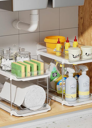 Delamu 4 Pack 2-Tier Bathroom Under Sink Organizers and Storage, Multi-Purpose Stackable Pantry Organization and Storage, Pull Out Clear Kitchen Bathroom Cabinet Organizer with Movable Dividers, White