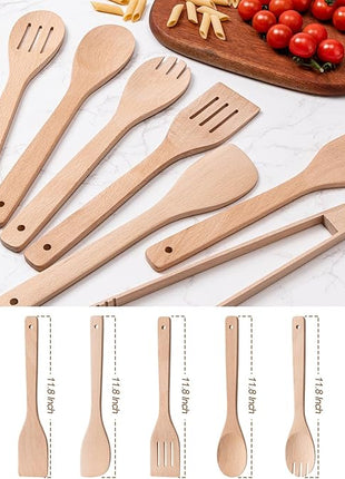 Wooden Spoons for Cooking 7-Piece, Kitchen Nonstick Wood Cooking Utensils Set, Durability Wooden Spatula Spoon for Everyday Use, Light Yellow