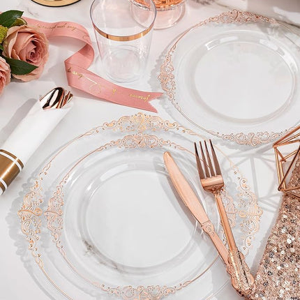 Nervure 350PCS Rose Gold Plastic Plates - Rose Gold Plastic Dinnerware Sets for 50 Guests - 100 Disposable Plates, 150 Silverware, 50 Cups, 50 Napkins Perfect for Wedding & Party