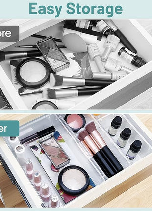 WOWBOX 25 PCS Clear Plastic Drawer Organizer Set, 4 Sizes Desk Drawer Divider Organizers and Storage Bins for Makeup, Jewelry, Gadgets for Kitchen, Bedroom, Bathroom, Office