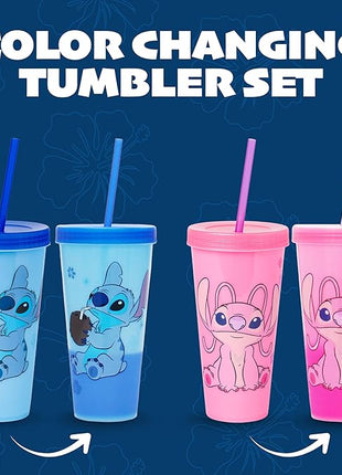 Silver Buffalo Disney Lilo and Stitch Angel Coconut Flowers 2 Pack Color Change Plastic Tumbler, 24-Ounce