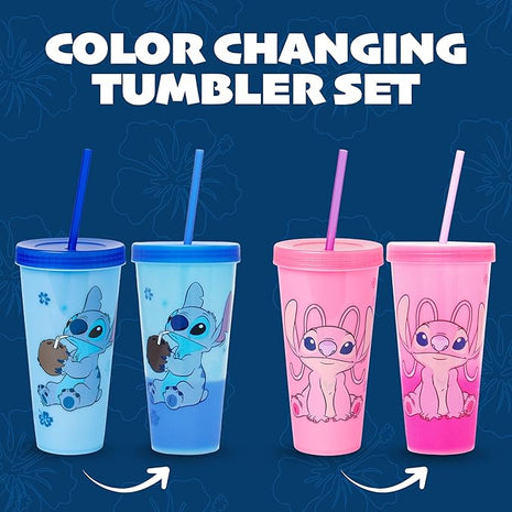 Silver Buffalo Disney Lilo and Stitch Angel Coconut Flowers 2 Pack Color Change Plastic Tumbler, 24-Ounce