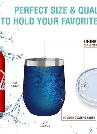 CHILLOUT LIFE 12 oz Stainless Steel Wine Tumblers 2 Pack - Double Wall Vacuum Insulated Wine Glasses Cups with Lids and Straws Set Keeping Cold & Hot for Coffee, Beer, Ice Cream - Blue Sparkle