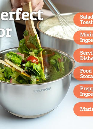 Priority Chef Premium Mixing Bowls With Lids Set, Airtight Lids, Thicker Stainless Steel, Non-Slip Base, 5 Nesting Steel Bowls for Kitchen, Large Prep Metal Bowl Set 1.5/2/3/4/5 Qt, Khaki