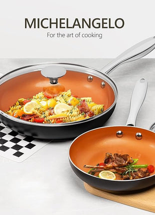 MICHELANGELO 12 Inch Frying Pan with Lid, Nonstick Copper Frying Pan, Non Stick Ceramic Skillet with Lid, Large Copper Pan Non-Stick, Induction Compatible