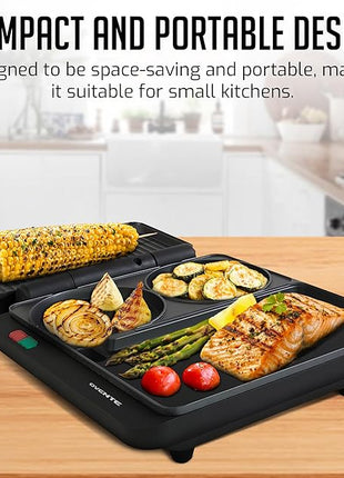 OVENTE Sandwich Maker and Hamburger Grill Machine with Non-Stick Griddle and Griller Plate, 1000W Electric Multipurpose Breakfast Station for Sandwiches, Burgers, Egg Muffin & Pancakes, Black HMG111B