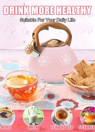 Whistling Tea Kettle,3.2Qt Stainless Steel Stove Kettle, Food Grade Teapot with Wood Pattern Handle for Coffee, Milk etc, Gas Electric Applicable (Pink)