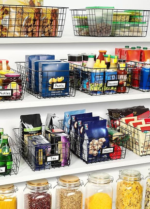 8 Set, Extra Large Wire Baskets for Organizing with Lables, Cabinet Pantry Organization and Storage Bins - Metal Basket for Kitchen, Laundry, Garage, Fridge, Bathroom Countertop Organizer, Black