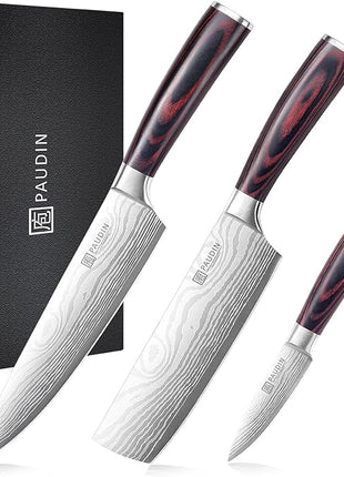 PAUDIN Kitchen Knife Set, 3 Piece High Carbon Stainless Steel Professional Chef Knife Set with Ultra Sharp Blade & Wooden Handle (Kitchen Knife Set 3 Pcs)