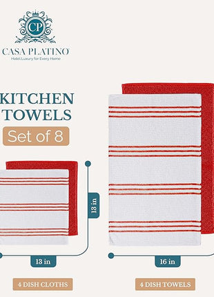 Casa Platino Dish Towels for Kitchen Drying Kitchen Towels – 8 Pc Durable Cotton Dish Towel Set – Designed for Vibrant Prep Routines and Seasonal Hosting – Red