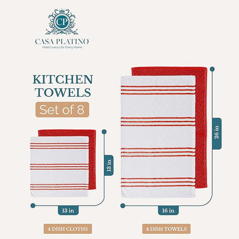 Casa Platino Dish Towels for Kitchen Drying Kitchen Towels – 8 Pc Durable Cotton Dish Towel Set – Designed for Vibrant Prep Routines and Seasonal Hosting – Red