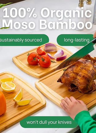 Organic Wooden Cutting Boards for Kitchen Set of 3 with Lifetime Replacements – Premium Extra Large Bamboo Chopping Boards with Juice Grooves for Carving & Serving, Non-Toxic & Durable by Greener Chef
