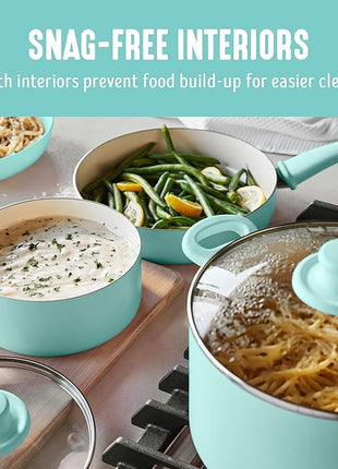 GreenLife Soft Grip 16 Piece Cookware Set, Non-Toxic PFAS-Free Ceramic Nonstick, Pots, Frying, Sauce, Saute, Glass Lids, Stay-Cool Handles, Wobble Free Bases, Dishwasher & Oven Safe, Turquoise