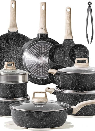 CAROTE 21pcs Pots and Pans Set Nonstick, Cookware Set Black Granite Induction Kitchen Cooking Set w/Frying Pans & Saucepans(PFOS, PFOA Free)
