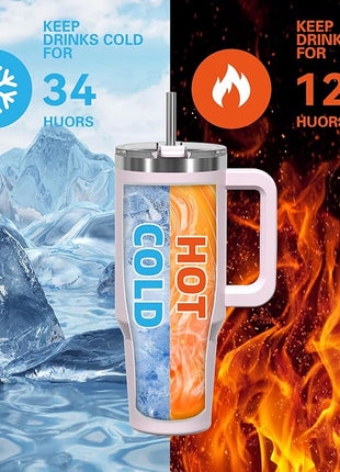 40 oz Tumbler with Handle,Tumbler with Lid and Straw,Double Wall Insulated Cup Stainless Steel Travel Mug(Cold for 34 Hours),Water Bottle for Iced Tea,Coffee,Cold Beverages(Rose Quartz)