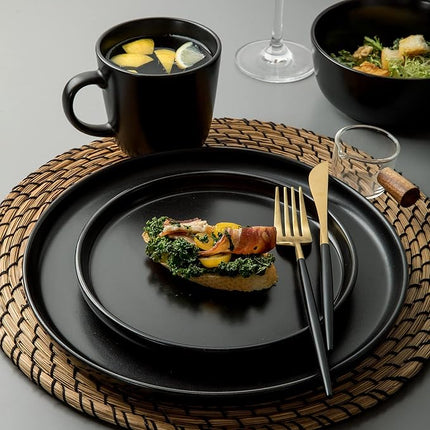 SKUGGA Round Stoneware 16pc Dinnerware Set of 4, Dinner Plates, Side Plates, Cereal Bowls, Mugs - Matte Black (472979)