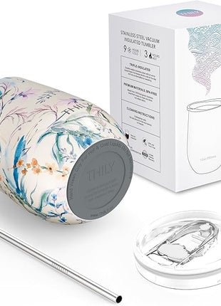 THILY Stainless Steel Insulated Wine Tumbler Stemless Wine Glass with Lid and Straw, Splash-proof, Reusable, Cute Travel Cup for Coffee, Cocktails, Keep Drinks Cold, Gifts for Women, Girls, Orchid
