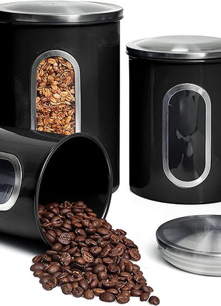 Mixpresso 3-Piece Black Canisters Sets For The Kitchen, Airtight Canister Set With See Through Window, Storage Jars for Coffee Container, Tea Organizer & Sugar Canister, Black Kitchen Canisters