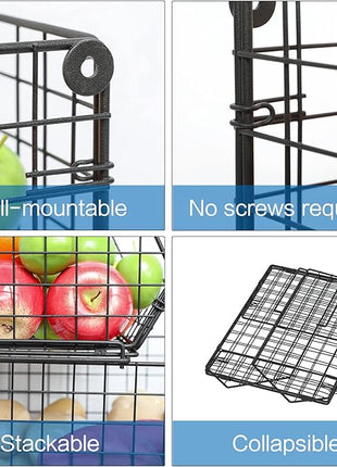 X-cosrack 3-Tier Stackable Wire Baskets for Pantry Organization and Storage, Kitchen Counter Basket for Potato Onion Storage, Fruit and Vegetable Storage Basket, Metal Baskets for Snack Produce Cans
