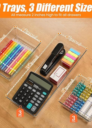 9 Pack Clear Plastic Drawer Organizer Set, Acrylic Non Slip Non Cracking Kitchen Drawer Storage Tray Large Size Divider, Multifunctional Storage for Cosmetics, Bathroom, Tools, Kitchen and Office