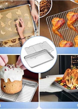 Baking Sheet with Wire Rack, Cookie Sheet Baking Pan Toaster Oven Tray with Cooling Rack, Stainless Steel Eighth Sheet Pan with Rack 9' x 7' x 1', Healthy & Non Stick & Dishwasher Safe
