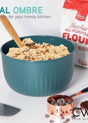 COOK WITH COLOR 4pc Plastic Mixing Bowl Set with Lids (Teal Ombre, 210 ml, 550 ml, 1150 ml, 3500 ml) - Sturdy, Nesting, BPA Free, Dishwasher Safe, Food Safe, Bowls for Cooking and Baking