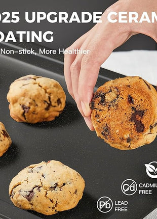 HONGBAKE Ceramic Baking Sheet Pan Set, Cookie Sheet for Oven, Bakeware Sets with Wider Grips, 3 Pack Half/Jelly Roll/Quarter Baking Tray, Premium, Dishwasher Safe - Dark Grey